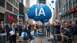 Bulle géante en forme de cerveau IA gonflée à l'hélium à Wall Street devant des traders anxieux et des écrans boursiers dans le rouge.