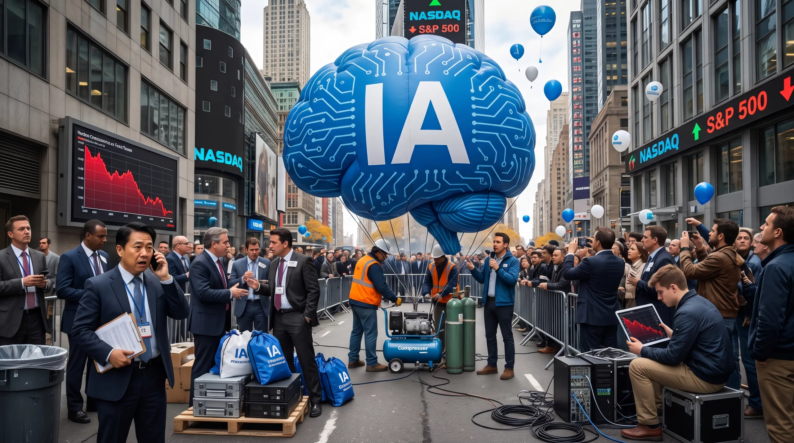 Bulle IA krach boursier : à quand le grand retournement ? 1 Bulle géante en forme de cerveau IA gonflée à l'hélium à Wall Street devant des traders anxieux et des écrans boursiers dans le rouge.